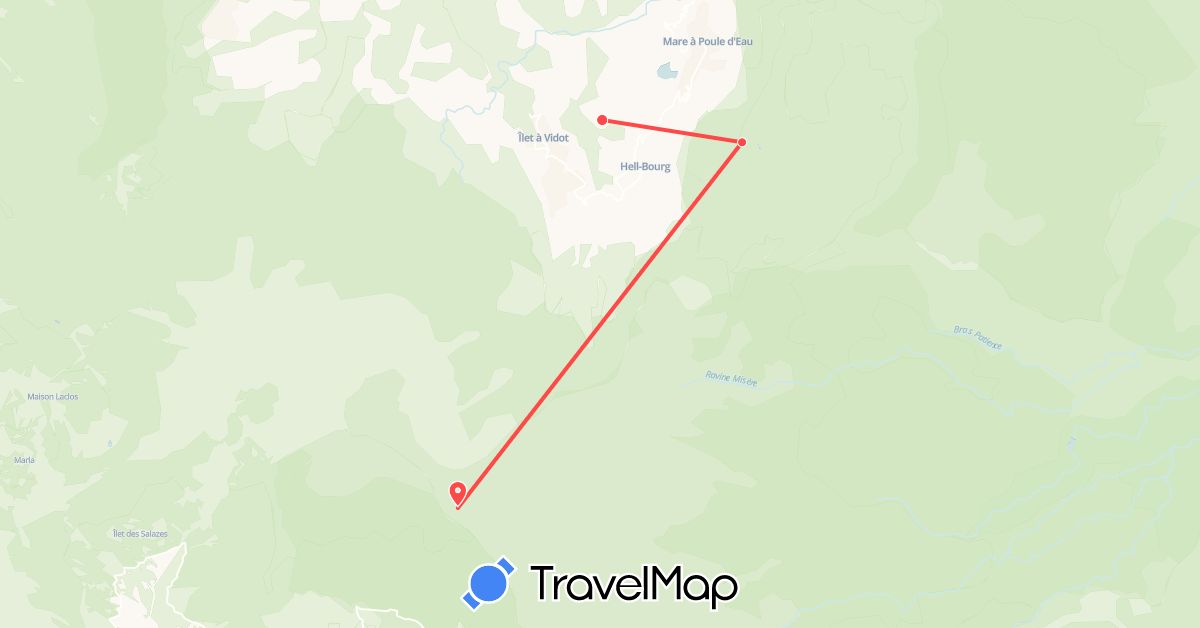 TravelMap itinerary: driving, hiking in Réunion (Africa)